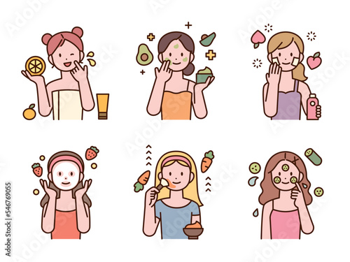 Healthy cosmetics made with various fruits and vegetables. Cute female characters are doing skin care. outline style illustration.