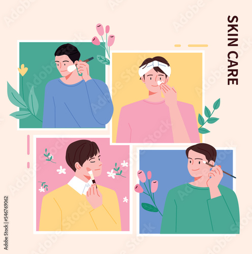 Handsome men are doing various skin care. square frame composition.