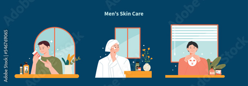 Young men are doing skincare. I put lotion on my face and put on a face mask.