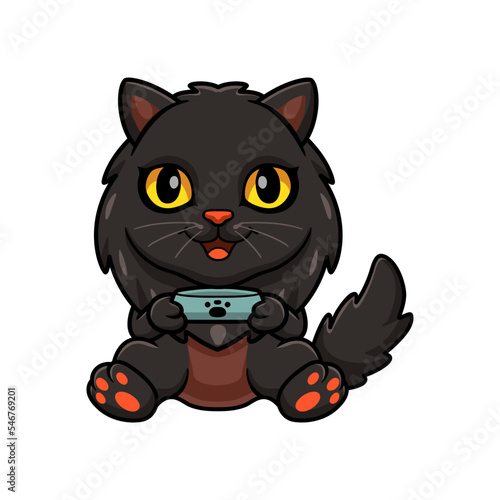 Cute black persian cat cartoon holding food bowl © frescostudio
