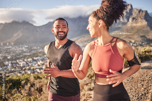 Εκτύπωση καμβά Training, exercise and black couple running in nature for fitness, heart health and wellness