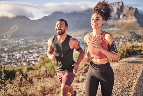 Fitness, exercise and couple running on mountain together for healthy body, wellness and workout. Motivation, nature and black man and woman exercising, doing workout and marathon training in city