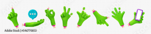 Zombie hand gestures set on transparent background. Green monster fingers with creepy bones pointing, ok, victory, hello, call me gestures, holding smartphone and chat icon. 3D vector illustration photo