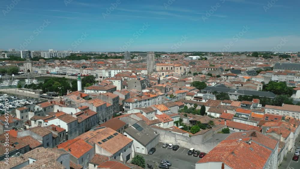 La Rochelle urban landscape with sky for copy space, France. Aerial forward La Rochelle urban landscape with sky for copy space, France. Aerial forward