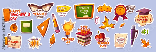 Happy teacher day stickers pack, cartoon glasses, blackboard, textbook or ruler, pencil, light bulb, autumn maple leaves, pen and apple. Notebook pages, pen, academic cap and stars Vector patches set