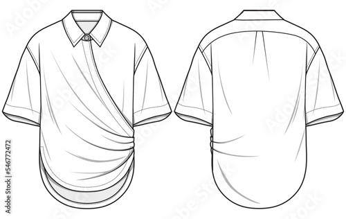 Draped Wrap Around Back Long Hem Shirt Front and Back View. Fashion Illustration, Vector, CAD, Technical Drawing, Flat Drawing, Template, Mockup.