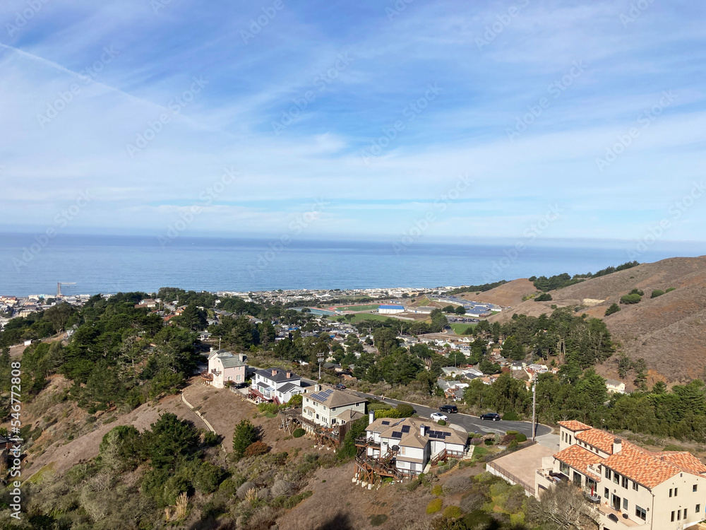 Scenic aerial view of Sharp Park residential neighborhood in Pacifica, California from Pacifica Vista Point at Sharp Park Road.