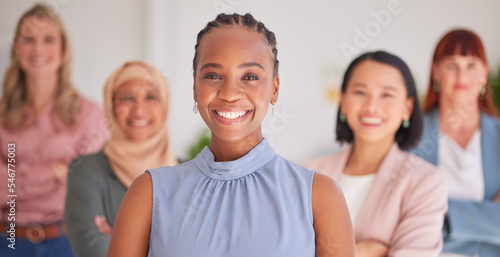 Business people, diversity and smile for corporate leadership, management or teamwork at the office. Portrait of diverse happy and proud employee executives smiling with vision or ambition for career