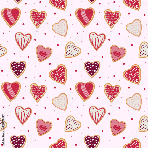 Heart shaped cookies seamless pattern for valentine s day. Pattern for Wrapping paper, postcards, textiles, wallpapers, fabrics, etc. Cartoon style, vector illustration.