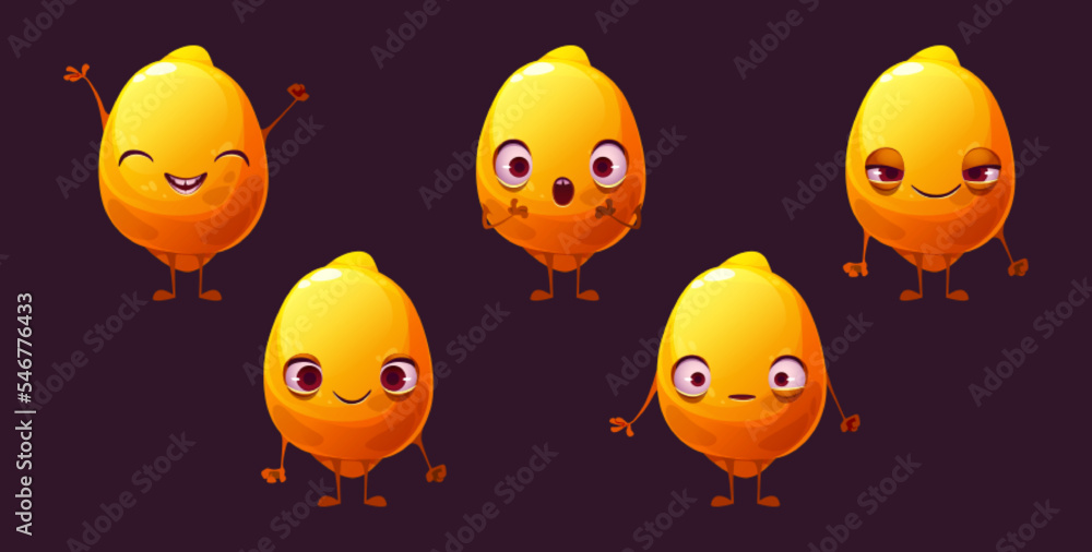 Cute lemon, yellow citrus fruit character with different facial expressions. Emoji set with fresh lemon with face and hands isolated on black background, vector cartoon illustration Cute lemon, yellow citrus fruit character with different facial expressions. Emoji set with fresh lemon with face and hands isolated on black background, vector cartoon illustration