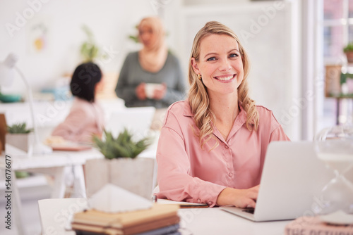 Portrait, laptop and business woman with a vision for design, creative and online project idea in office, happy and ambition. Web design, lady and vision by empowered designer enjoy corporate career