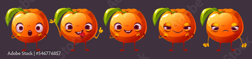 Cute orange cartoon character face emoji set. Funny citrus fruit ui comic game personage, happy, rejoice, upset, sad, surprised, show tongue and grin emotions. Healthy food mascot, Vector illustration