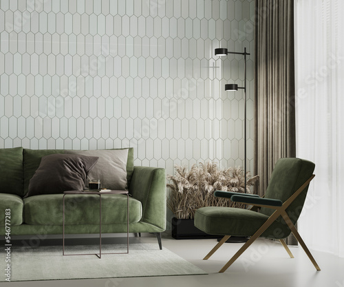 Living room interior with green sofa and armchair, coffee table 