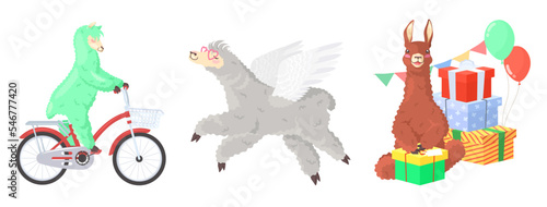 Funny doodle lamas alpacas flat vector set