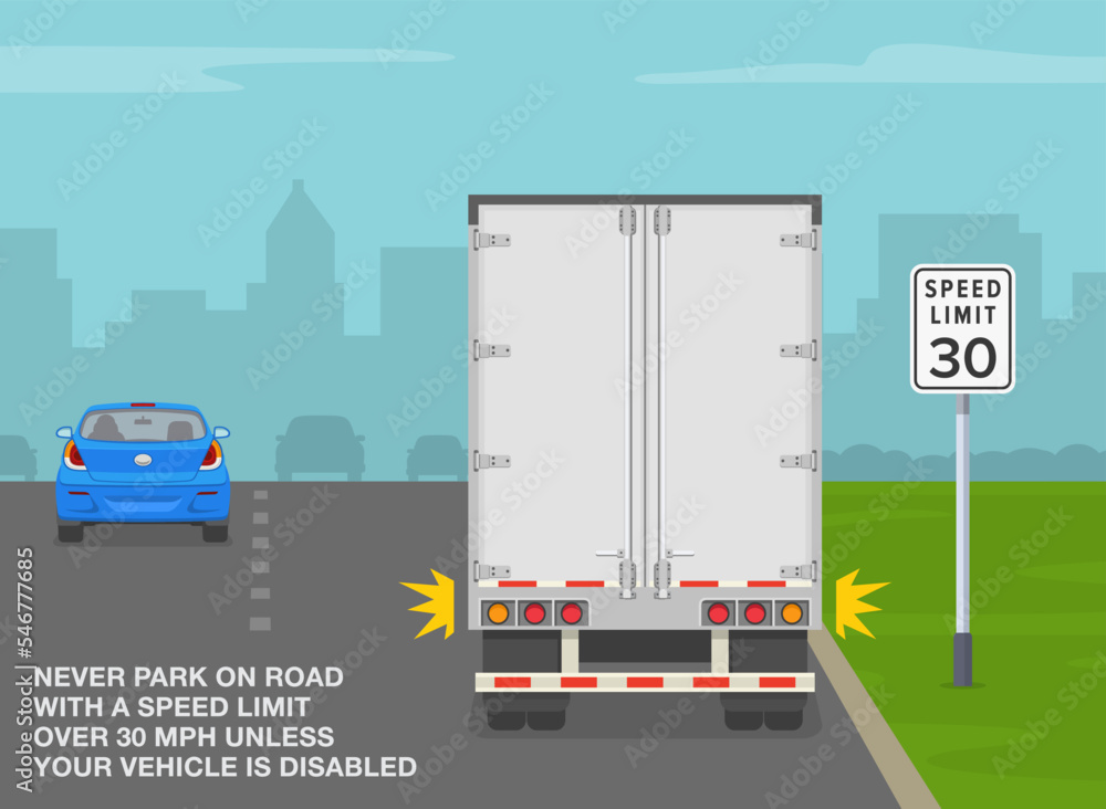 Heavy vehicle driving rules and tips. Never park on a road with a speed limit over 30 mph unless