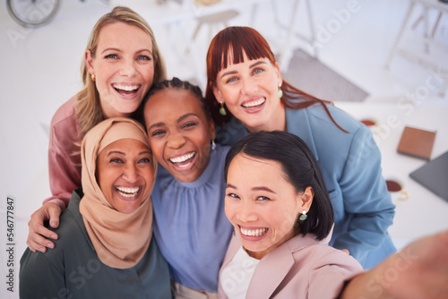 Business, friends and office selfie with happy business women excited, inclusive and relax together. Diversity, face and team of empowered businesswomen smile for picture in support of collaboration