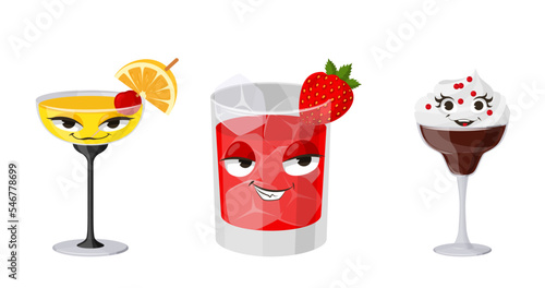 Funny cocktail kawaii face vector isolated set