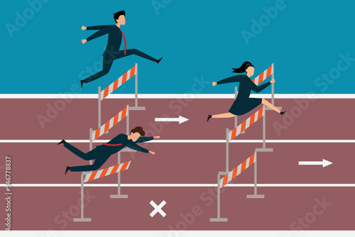 Business people failing jumping over obstacle in a race 2d vector illustration concept for banner, website, illustration, landing page, flyer, etc