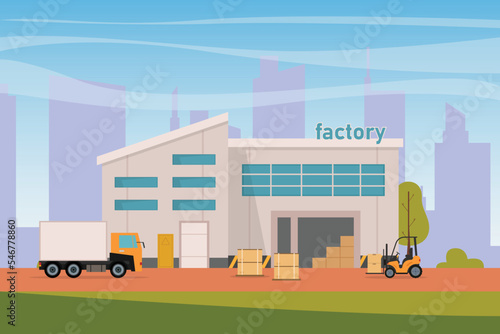 Factory building with silhouette of skyscrapers in background 2d vector illustration concept for banner, website, illustration, landing page, flyer, etc