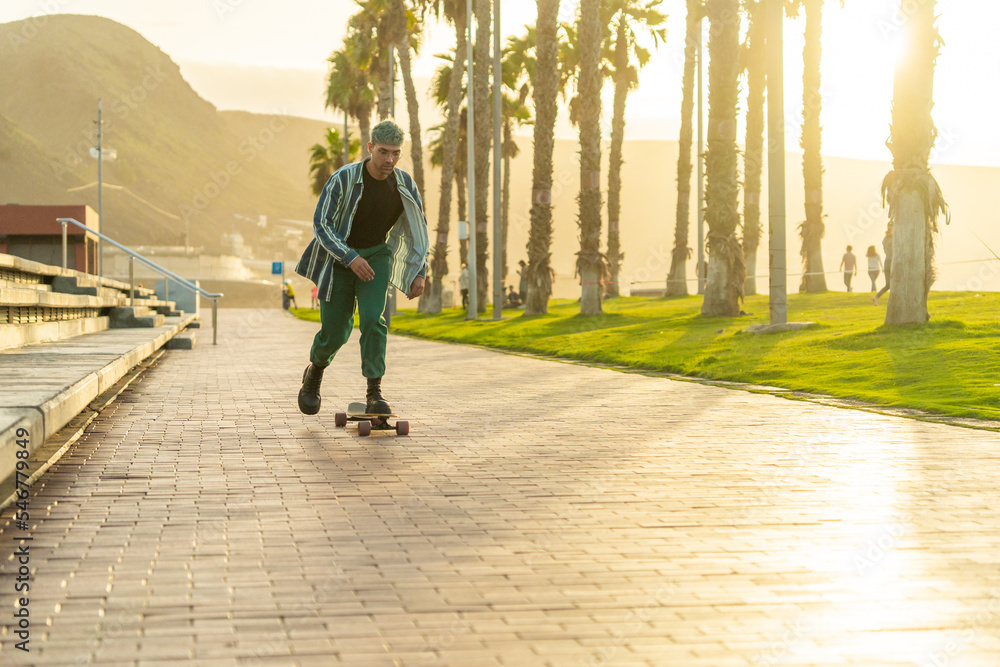 Young Boy On A Cruiser Longboard Surrounded By Palm Trees. Young Boy On A Cruiser Longboard Surrounded By Palm Trees.