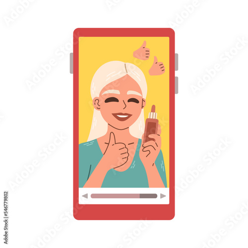 Beauty woman applying makeup. Female video blogger. People doing review on phone screen. Hand drawn style vector.