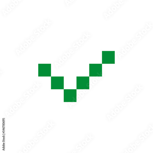 Green check mark symbol. Vector icon. Pixel art and dot style.  