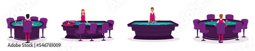 Tables for poker, blackjack, craps and roulette. Croupier in a casino for different types of gambling vector set. Casino, gaming house flat illustration. Casino interior decor. Gambling industry. For