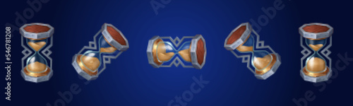 Hourglass animation sprite sheet rotating game icon. Glass clock with falling sand, isolated sandglass sequence frame. Graphic design elements for app, timer, loading process, Cartoon 3d vector set