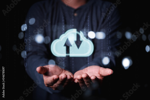 male hand holding cloud technology on virtual screen to access sensitive data, data protection personal information security technology cloud concept