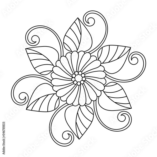 Floral coloring book page for children. Doodle Mandala with Flowers and leaves. Vector black and white illustration.