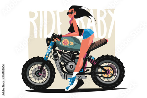 Beautiful biker girl riding motorbike