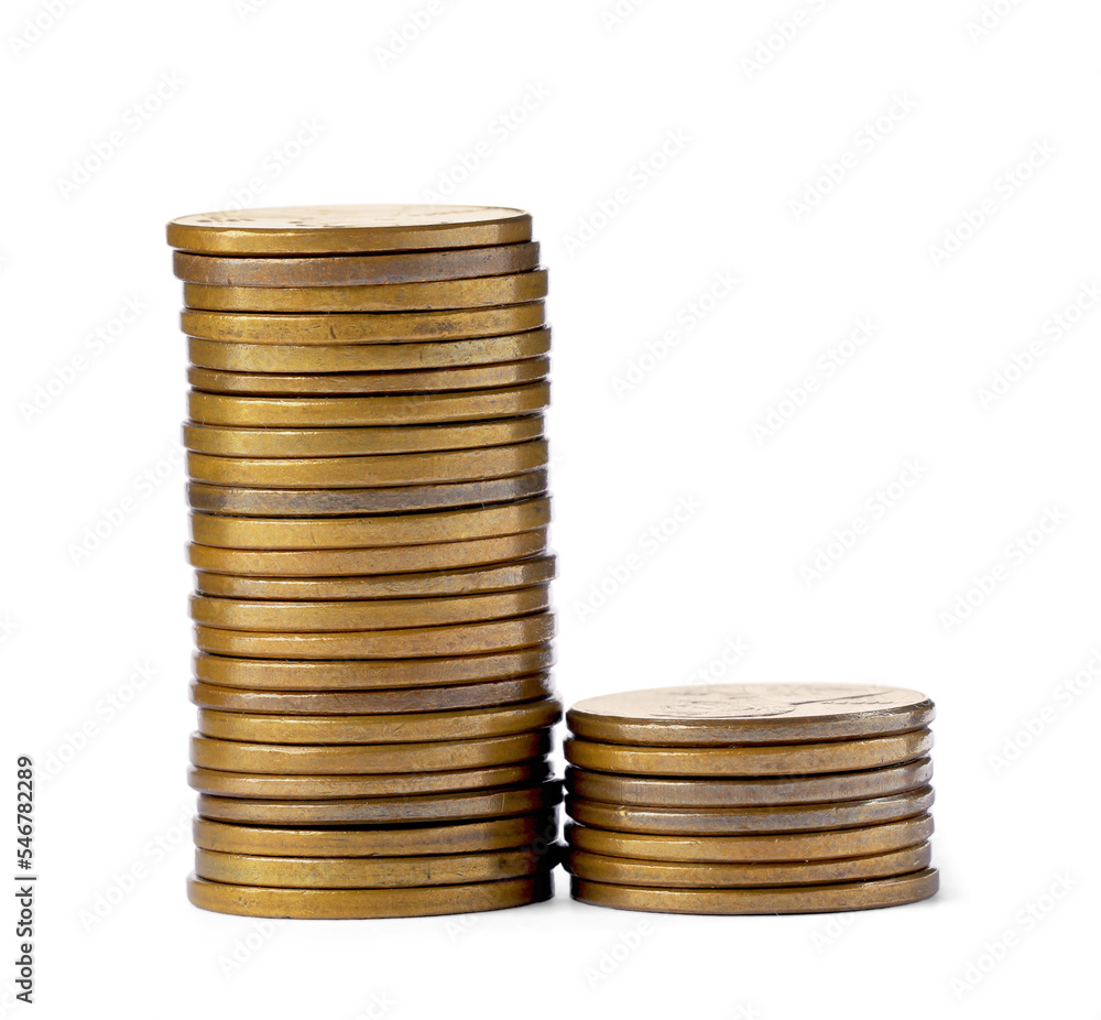 Many golden coins stacked on white background Many golden coins stacked on white background
