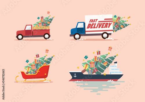 Vehicle carrying christmas tree and gift boxes