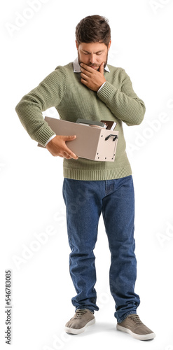 Sad fired young man holding...