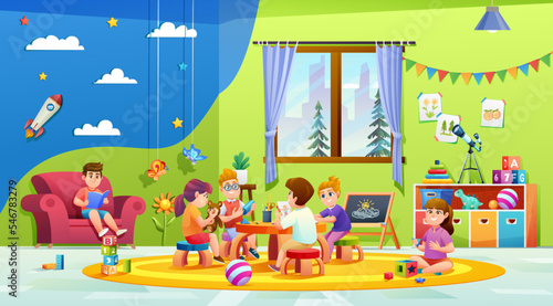 Kids playing together in kindergarten classroom cartoon illustration