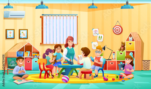 Teacher and children activity in kindergarten classroom vector illustration