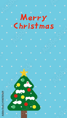 シンプルな白文鳥とクリスマスツリー 水色 雪 背景素材 9:16