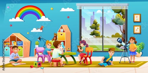 Cheerful children playing together in kindergarten classroom cartoon illustration