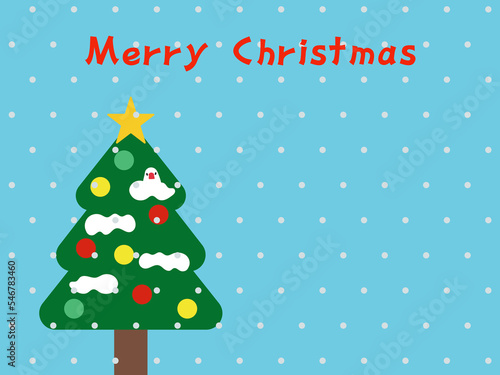シンプルな白文鳥とクリスマスツリー 水色 雪 背景素材 4:3