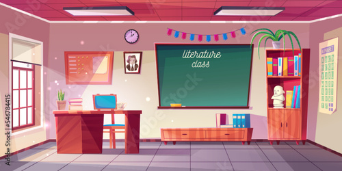 Literature classroom interior, school or college class with teacher table, chair, blackboard with sponge, clock hanging on wall and cupboard with books, writer portrait, Cartoon vector illustration