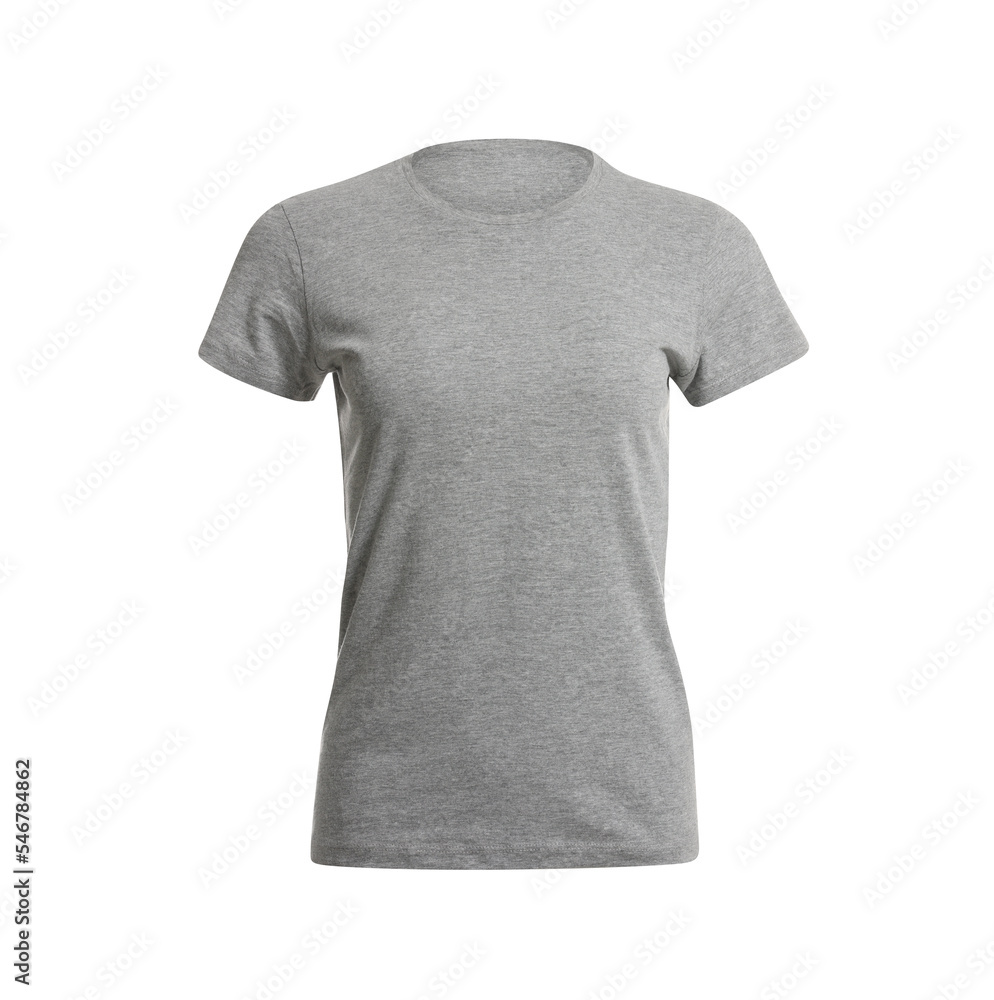 Fototapeta premium Stylish grey women's t-shirt isolated on white. Mockup for design