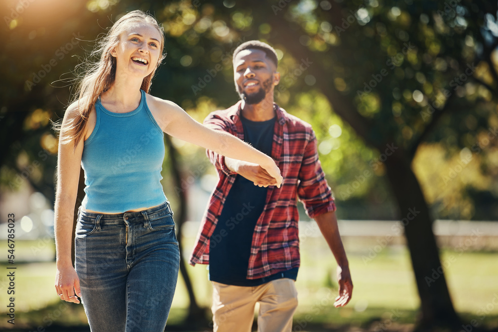 Love, garden and happy couple holding hands while walking together on a ...