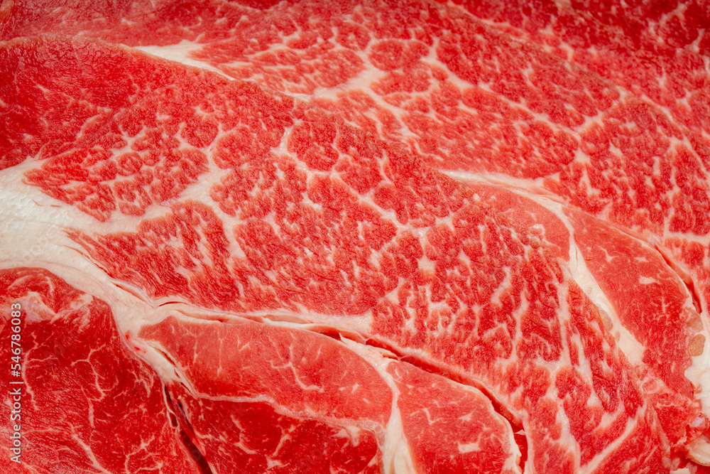 Close up Red beef, Slices Wagyu beef with marbled texture.