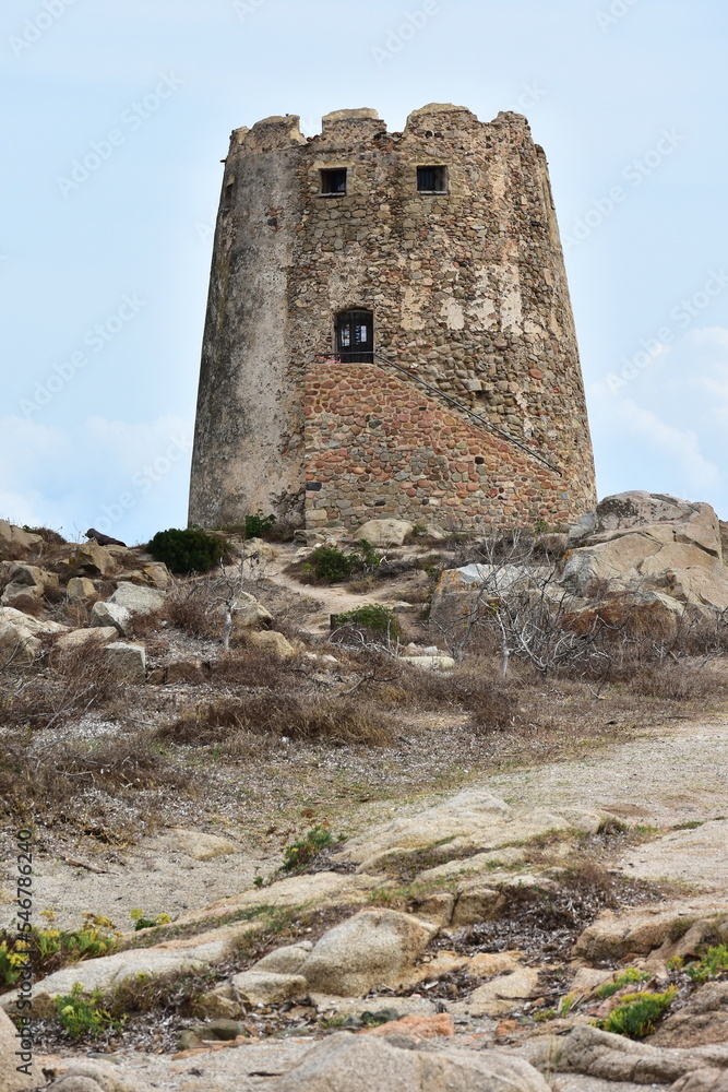 Torre di Barì tower built on a rocky outcrop on the beach in village Bari Sardo on island Sardinia