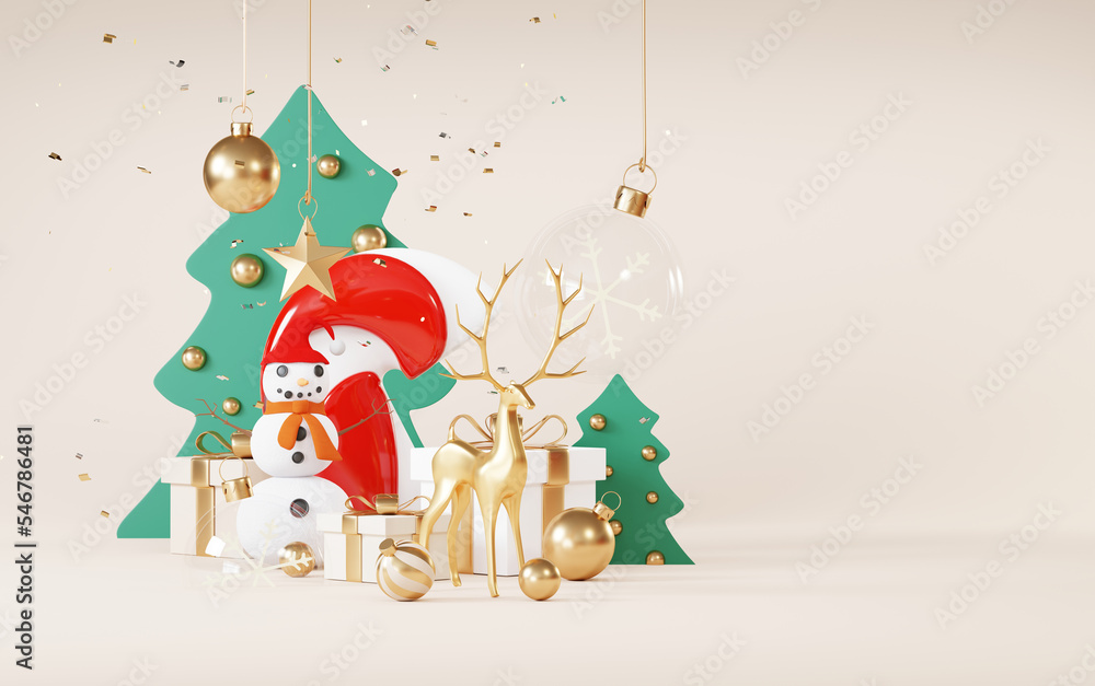 Christmas backgrounds decorate with minimal New year event theme. Merry Christmas scene for product display mock up banner. Gold glass ball in Xmas winter scene. Greeting card new year. 3D render.