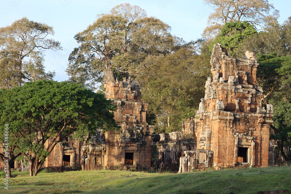 Cambodia. The Prasat Suor Prat are the twelve rugged looking towers in laterite and sandstone which line the eastern side of the royal square in Angkor Thom. Siem Reap province.