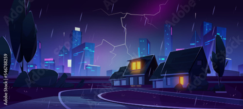 Rainy night in city suburb. Cartoon vector illustration of town street with small houses and trees, rainfall and neon lightning glowing in dark sky, megalopolis architecture silhouettes on background