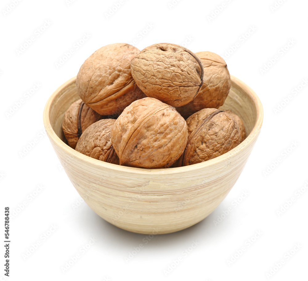 Bowl of fresh walnuts on white background Bowl of fresh walnuts on white background