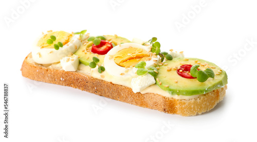 Tasty toast with boiled egg and avocado on white background