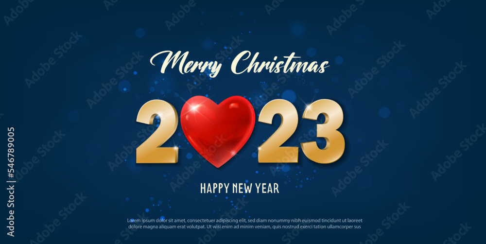 vector 2023 happy new year with red heart in the middle and merry christmas banner. Celebration background. Greeting banner and poster.